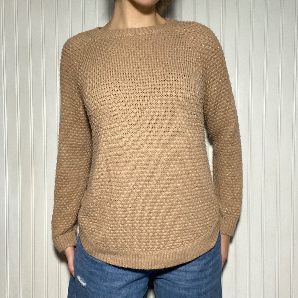 St John's Bay Classic Tan Metallic Threading Curved Hem Raglan Sweater - Size M
